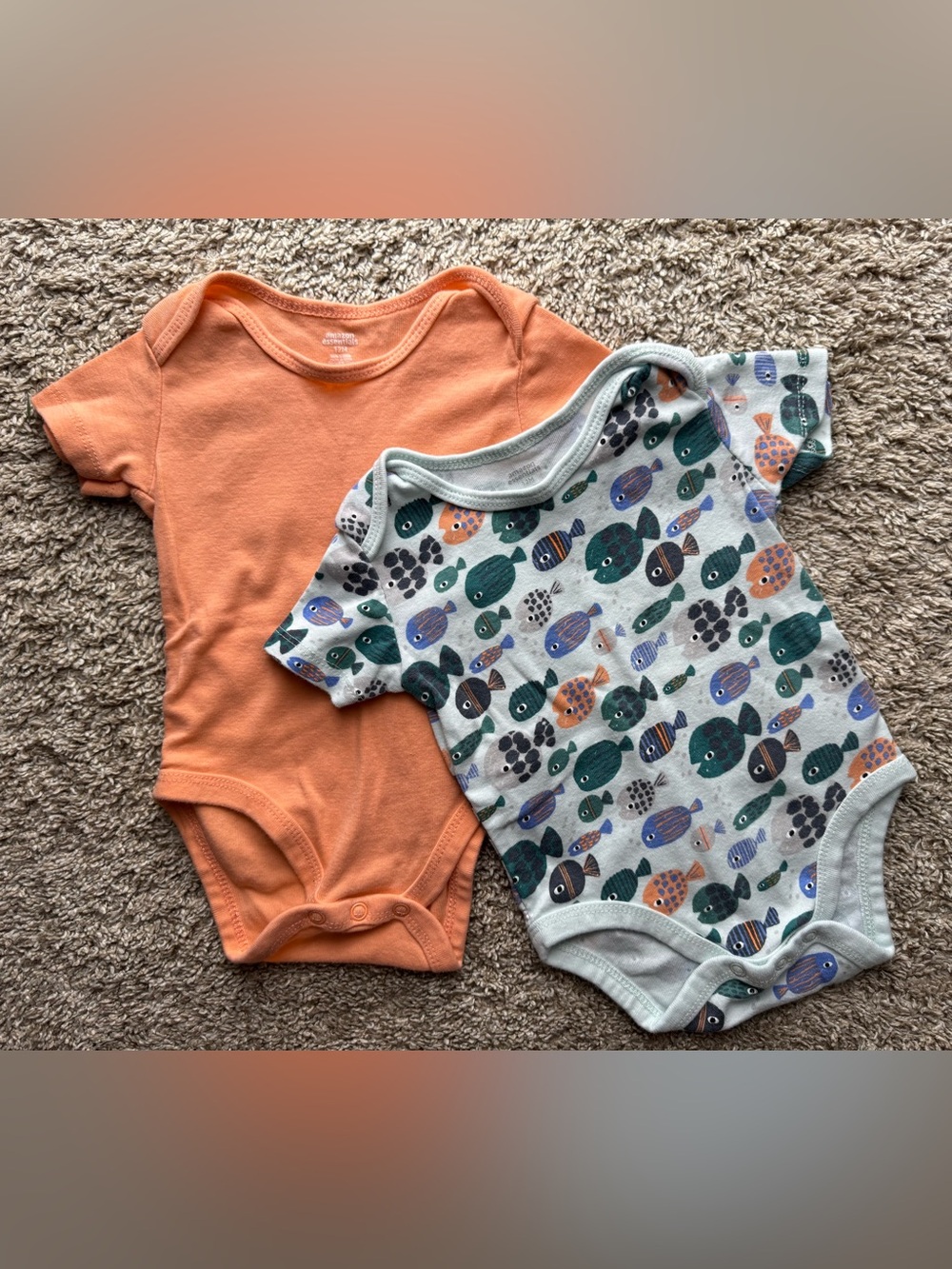Amazon Essentials 12M Baby Bodysuit Bundle Fish Print Peach 2pc 100% Cotton